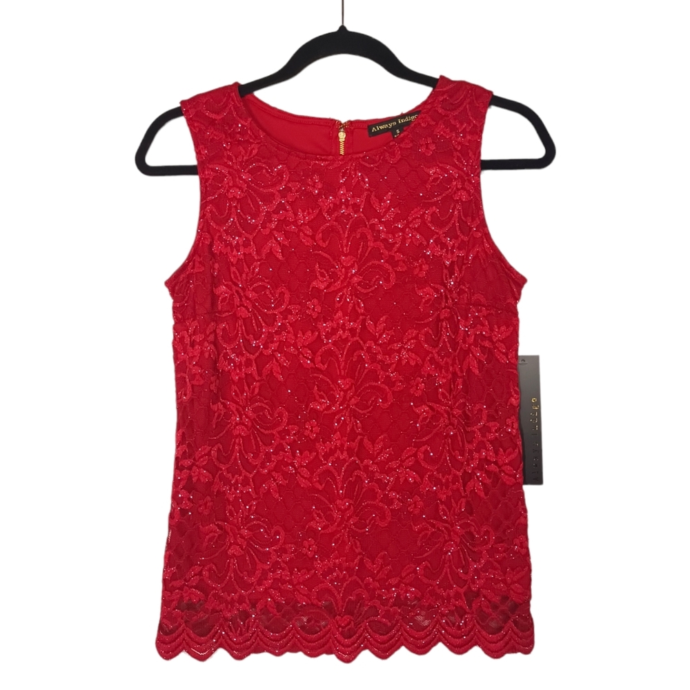 ALWAYS INDIGO RED Shimmer Floral Lace Sleeveless Lined Top Small NWT